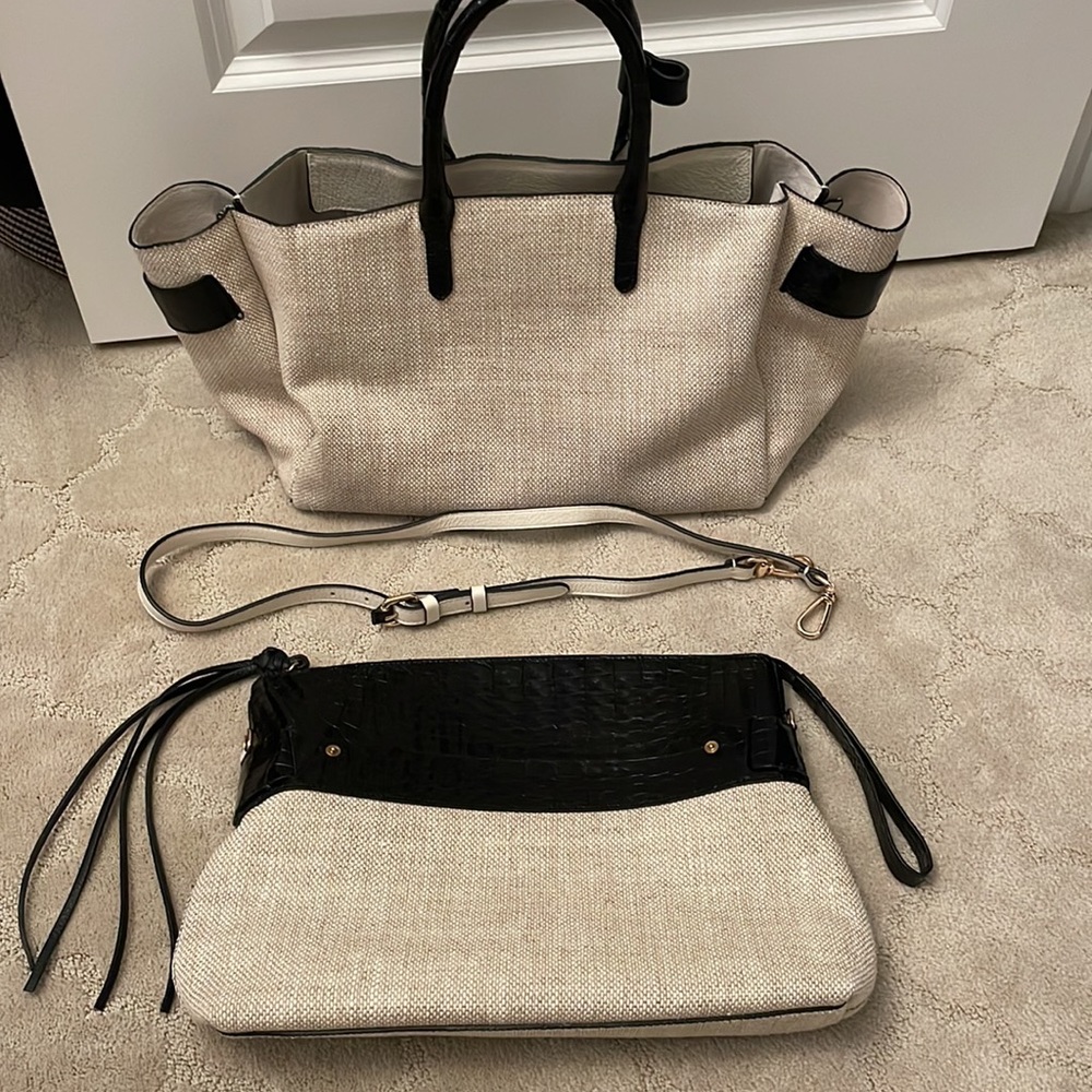 Auth Nancy Gonzalez Cristie Black Croc Leather Linen Convertible Tote w Clutch - Picture 8 of 16